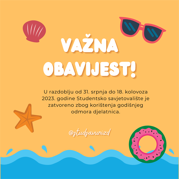Radno vrijeme Studentskog savjetovališta kroz srpanj i kolovoz