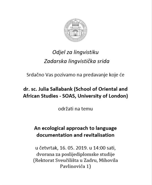 Lingvistička srida: predavanje: dr. sc. Julia Sallabank na temu "An ecological approach to language documentation and revitalisation "