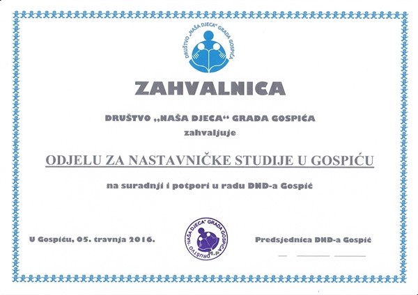 Zahvalnica Društva Naša djeca